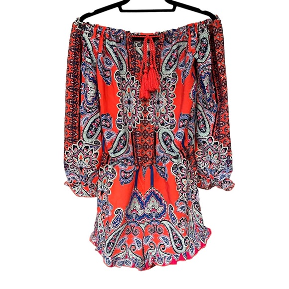 Venus Romper Off The Shoulder Floral Paisley Print Ruffle Long Sleeve - Picture 4 of 11